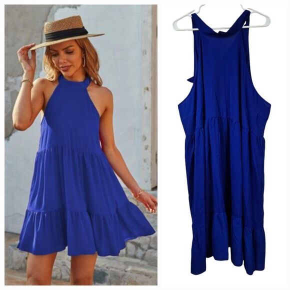 Solid Royal Blue Ruffle Hem Halter Dress Boho Bow Back Tiered Flounce Sleeveless - Picture 1 of 13